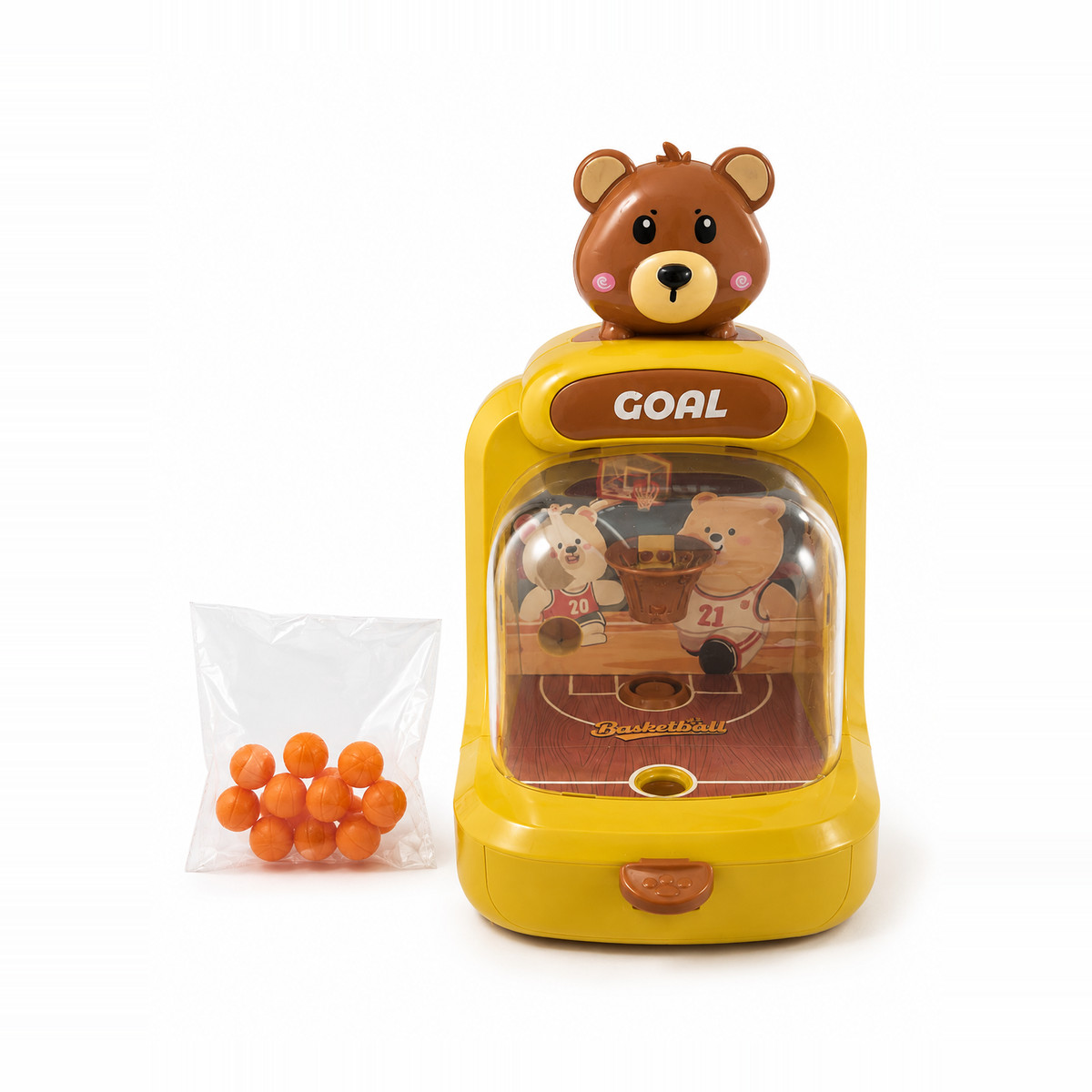 Playstan bear-themed basketball arcade machine with a bag of orange balls