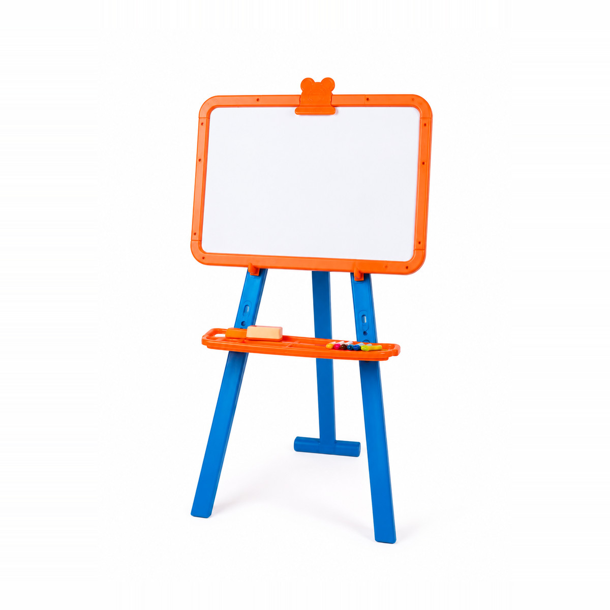 Playstan children's learning easel with orange whiteboard frame and marker tray