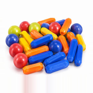 Pile of colourful Playstan magnetic building block rods and balls