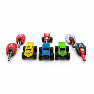 Monster Speed Challenge trucks and launchers laid out in a row