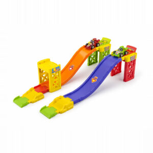 Playstan Builder Track Race Set shown from the side with cars on both ramps