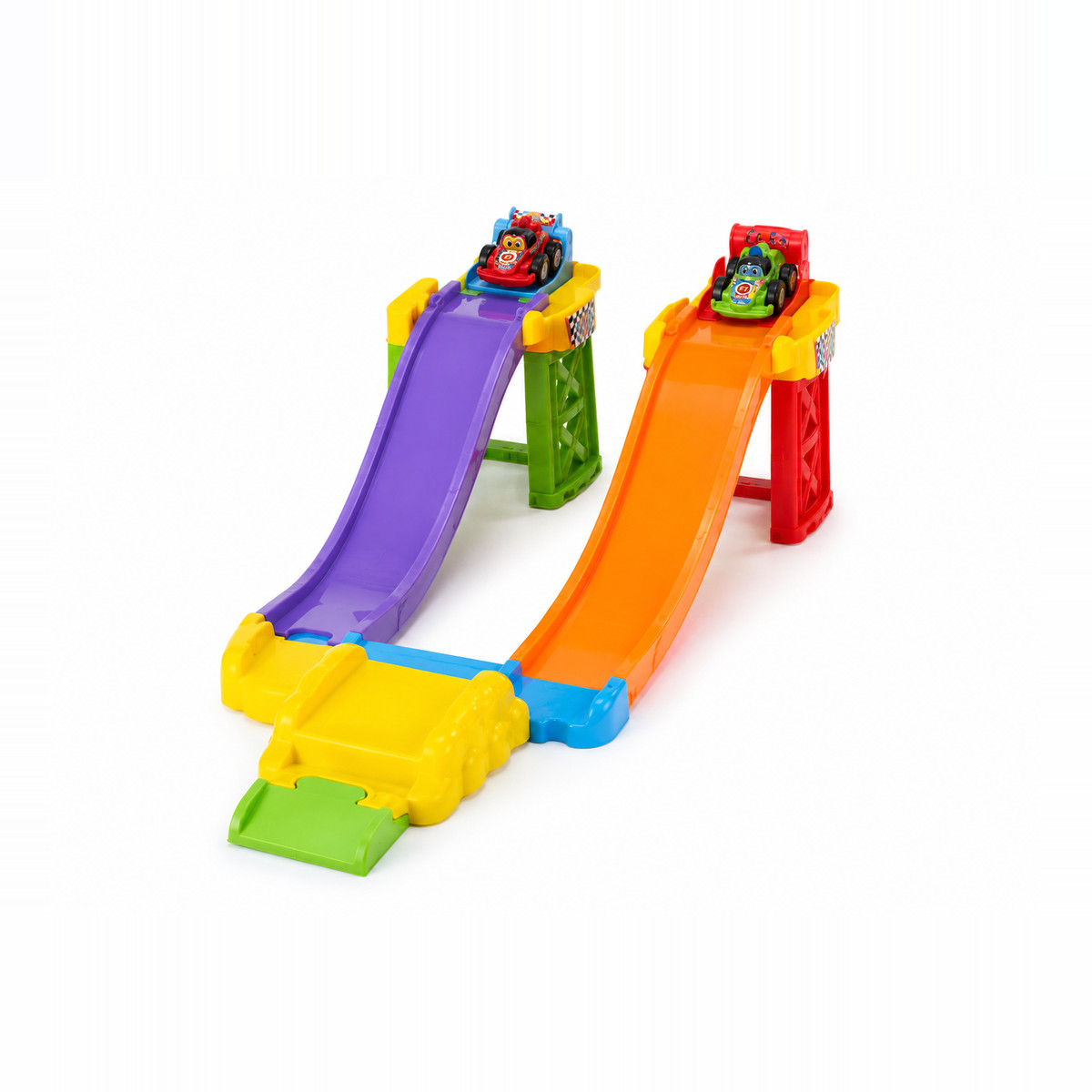 Playstan Builder Track Race Set — twin-lane launch ramp raceway with toy cars at the start gates