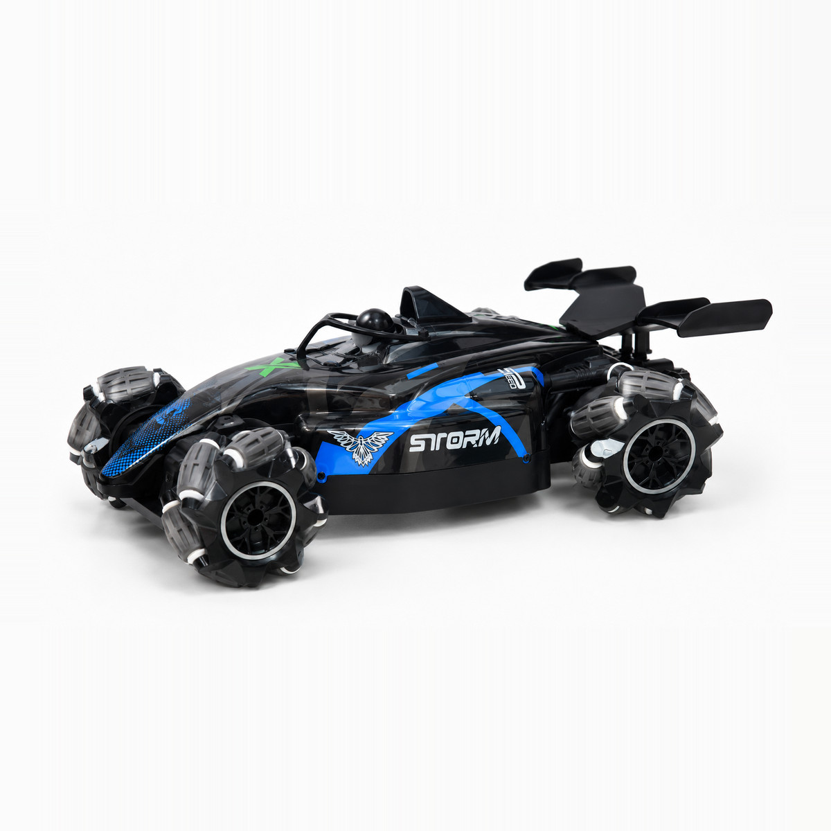Playstan Formula Drift RC Car in black and blue with omni-directional drift wheels