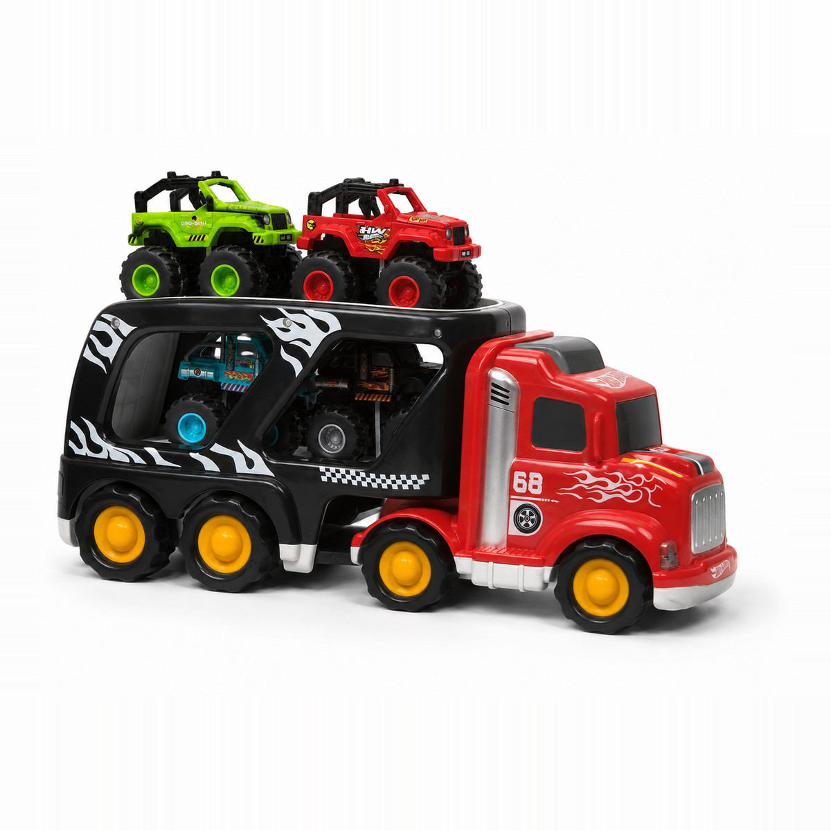 Playstan Hot Wheels Trailer Truck — red and black hauler carrying monster trucks on its trailer