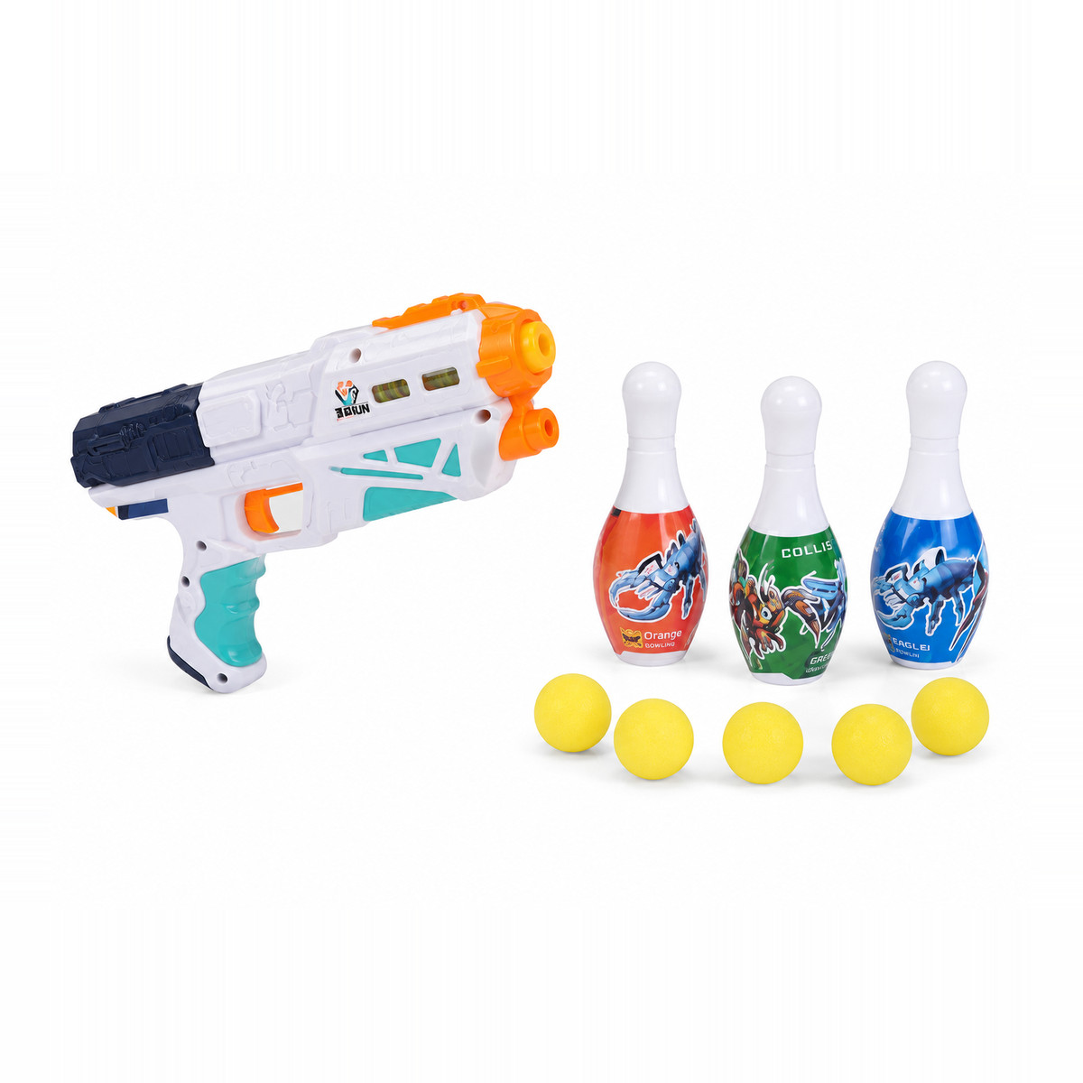 Playstan Soft Bullet Gun with three bowling-pin targets and yellow foam balls