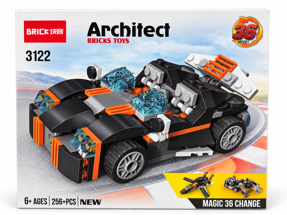 Black Supercar Building Blocks Set — 256+ Pieces, 36 Models in 1 (Architect 3122)