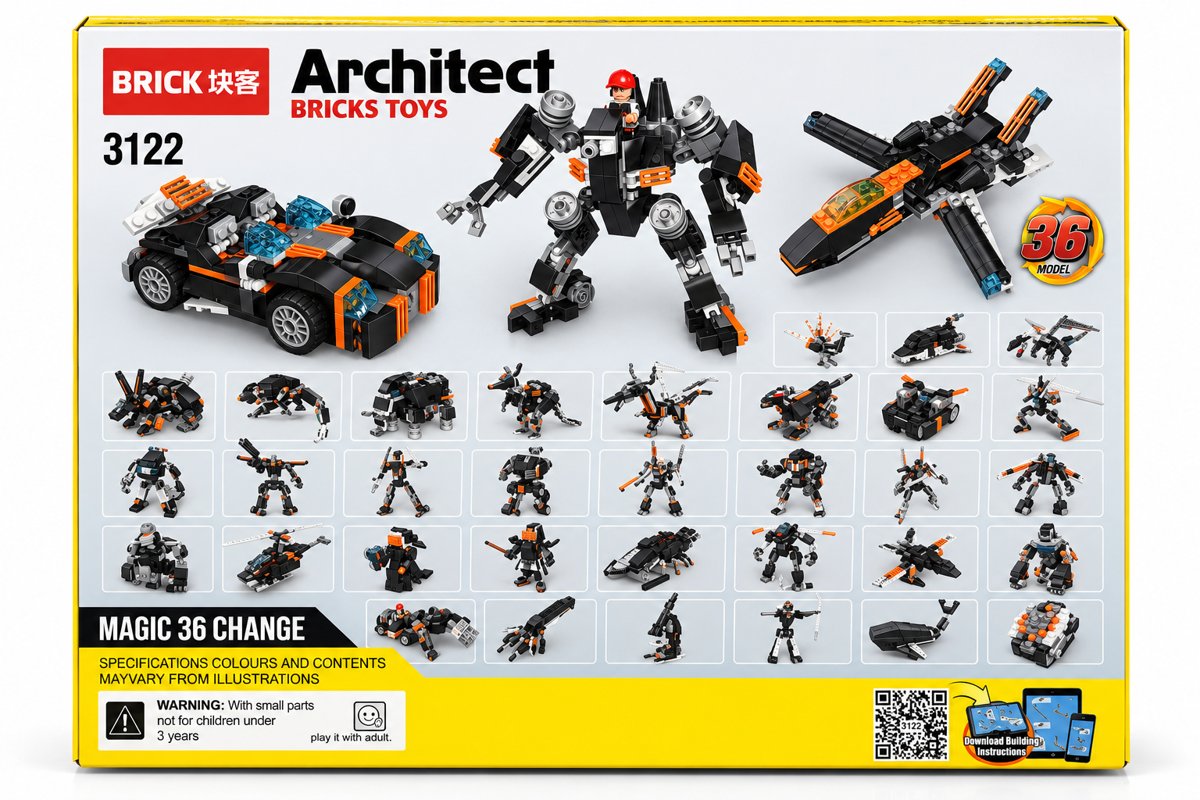 Black Supercar Building Blocks Set — 256+ Pieces, 36 Models in 1 (Architect 3122) - Image 2