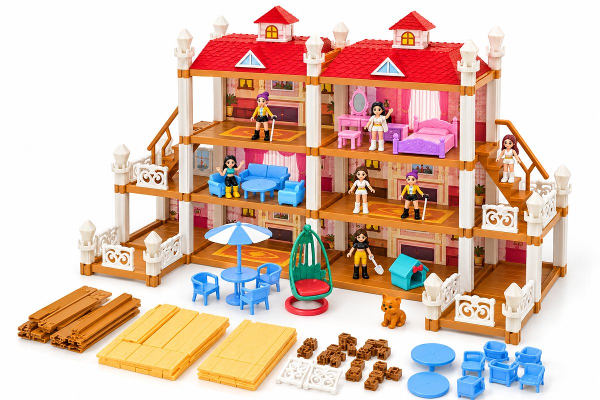 DIY Three-Storey Villa Dollhouse Building Set with Furniture and Mini Dolls